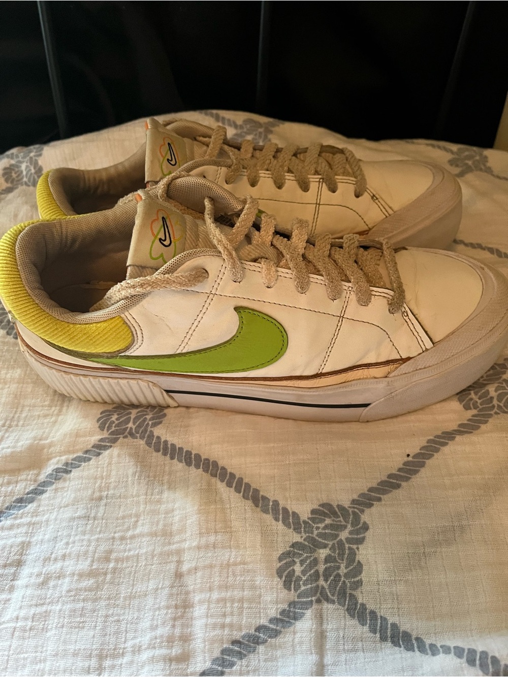Nike Women’s White Sneakers with Lime Swoosh and Yellow Collar